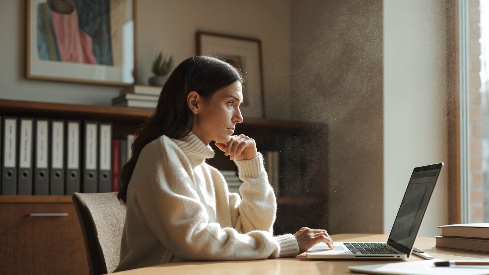 Focused professional thoughtfully working at a laptop