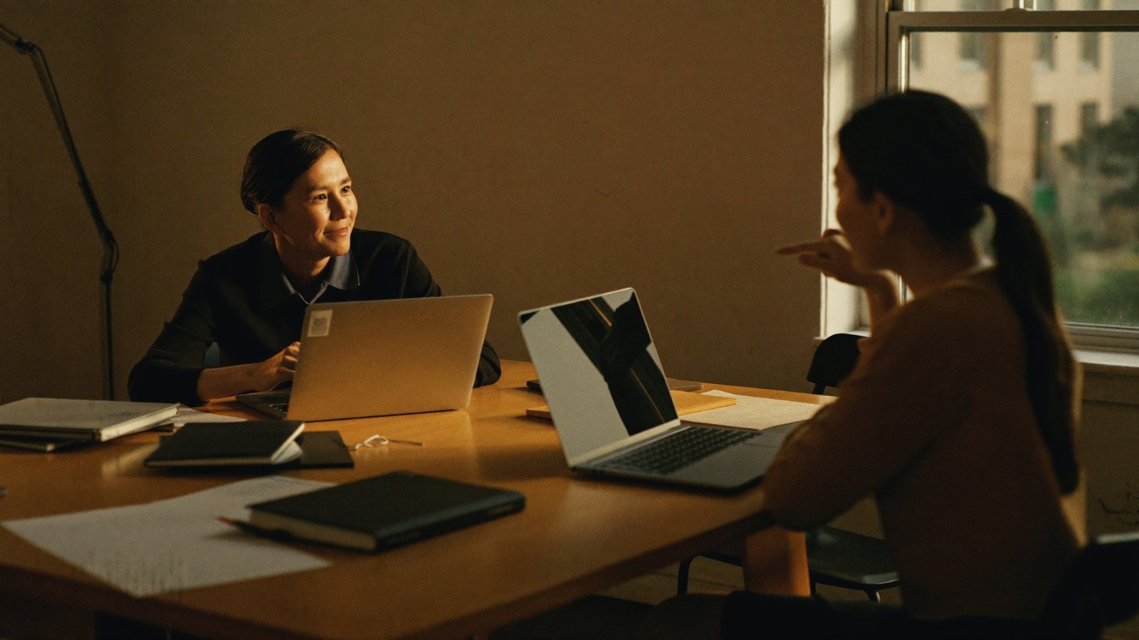 Two colleagues in conversation at a shared table